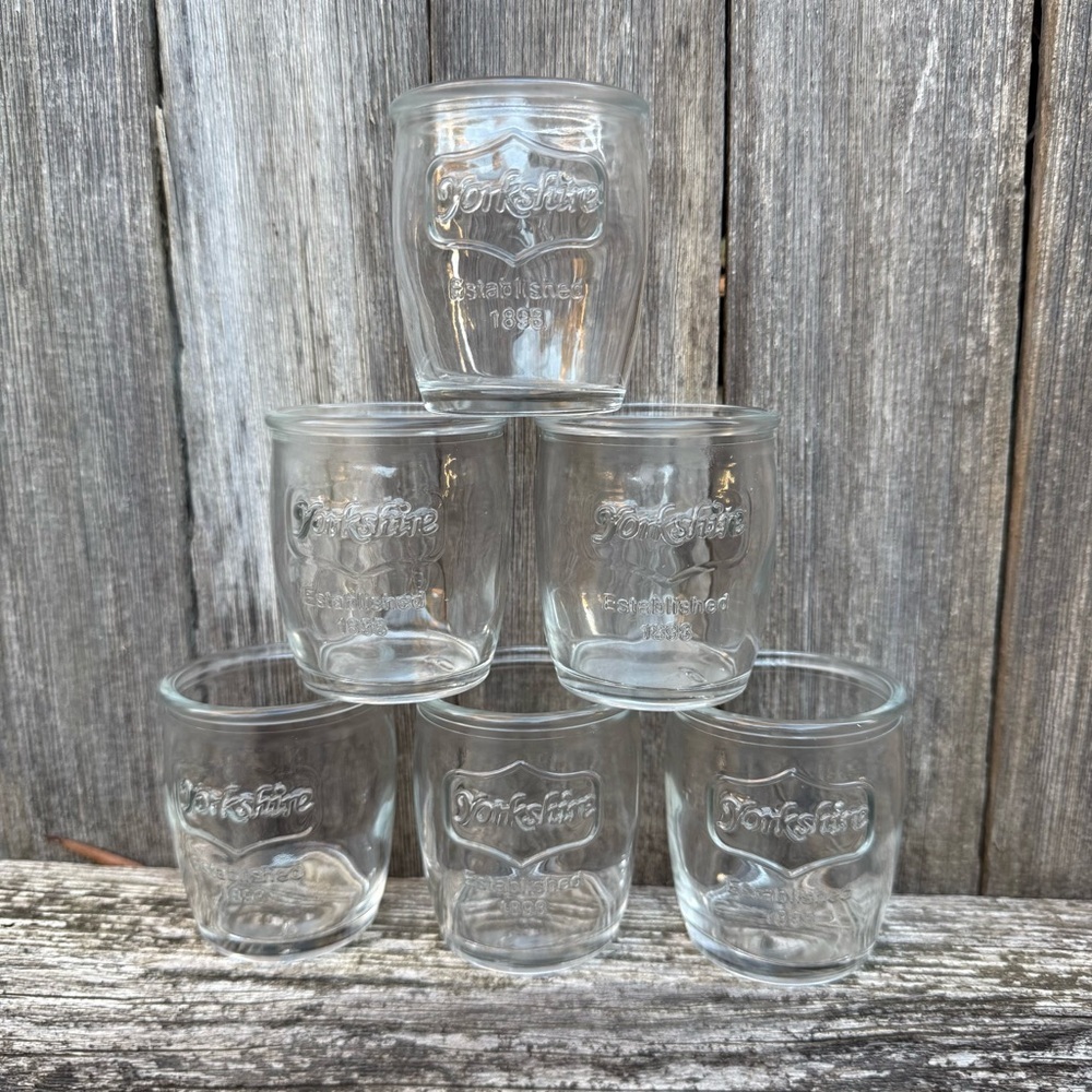 Six Vintage Yorkshire est 1898 Mini Mason Jelly Jar 2oz Embossed Shot Glasses